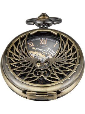 Men's Black Bronze Skeleton Roman Numerals Hollow Mechanical Round Pocket Watch